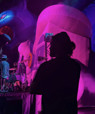 Silhouetted performer on stage under purple concert lighting with a large inflatable stage prop