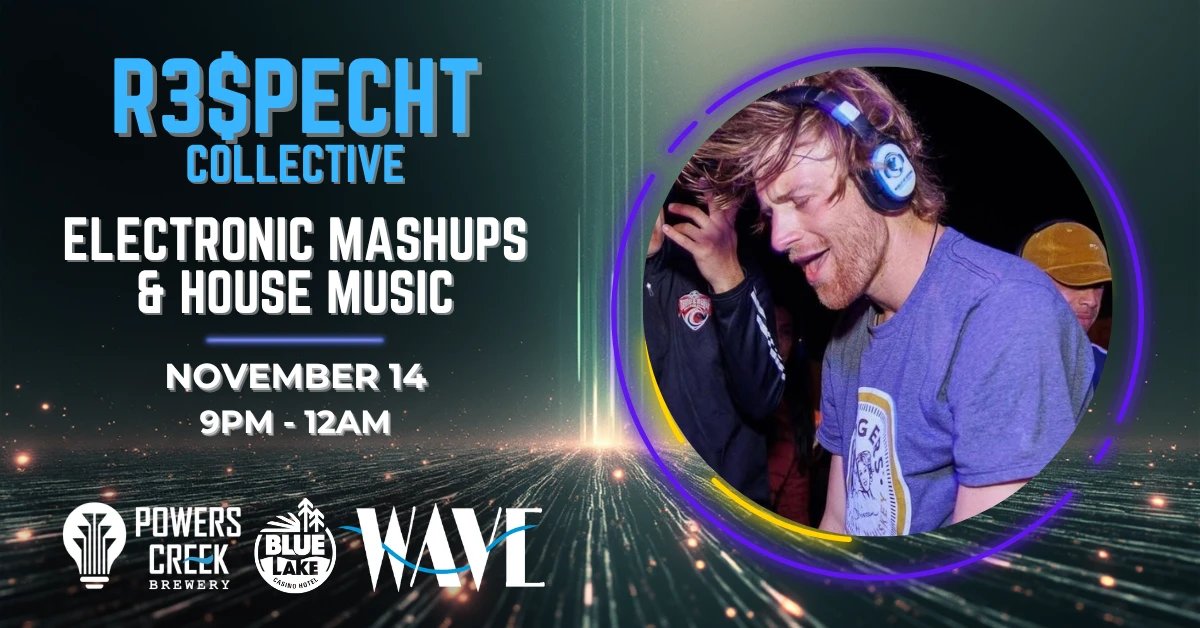 R3$PECHT Collective, Electronic Mashups and House Music, November 14, 9PM to 12AM, with Powers Creek Brewery, Blue Lake Casino Hotel and WAVE logos